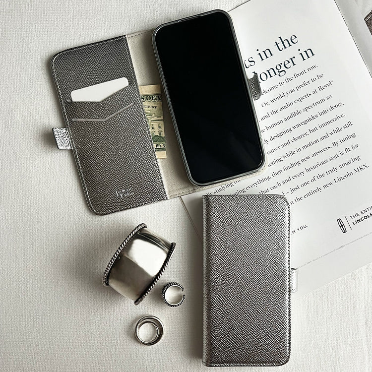 Rich in color Leather Book 手帳型ケース iPhoneケース スマホケース(silver)